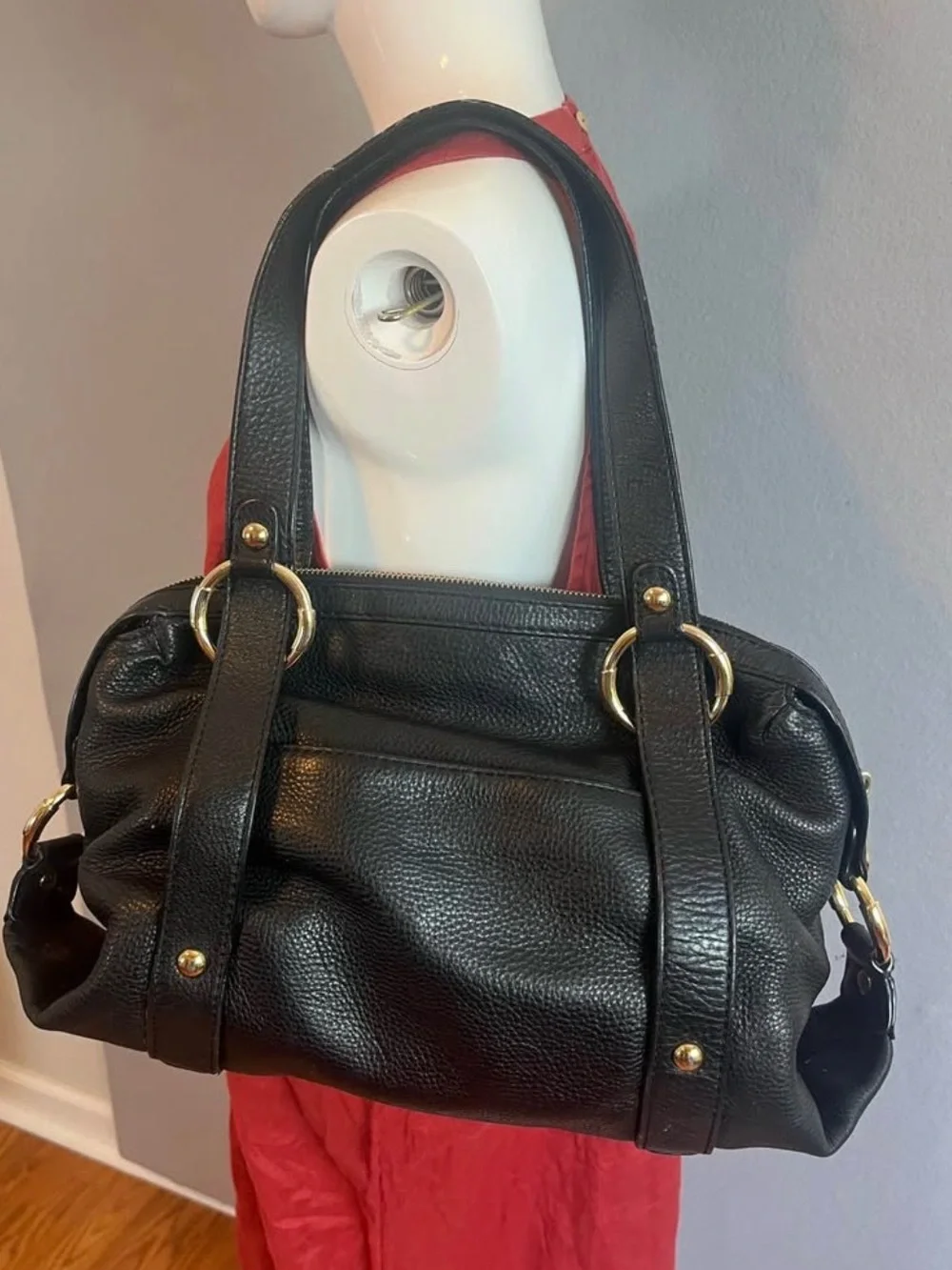 Michael Kors Fulton Black Leather Satchel Shoulder Bag Gold MK Circle Logo Hobo